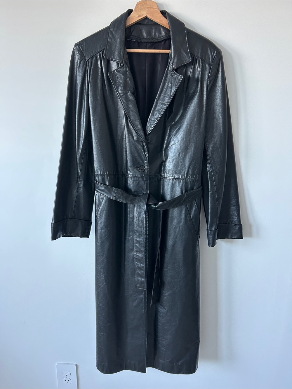 Vintage Black Grained Cowhide Leather Duster Trench Coat Belted Size 14 (US8-10)